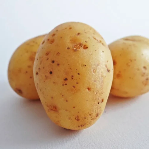 There are three potatoes on the white background