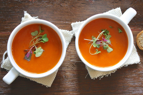 Two cups of Gazpacho decorated with vegetable